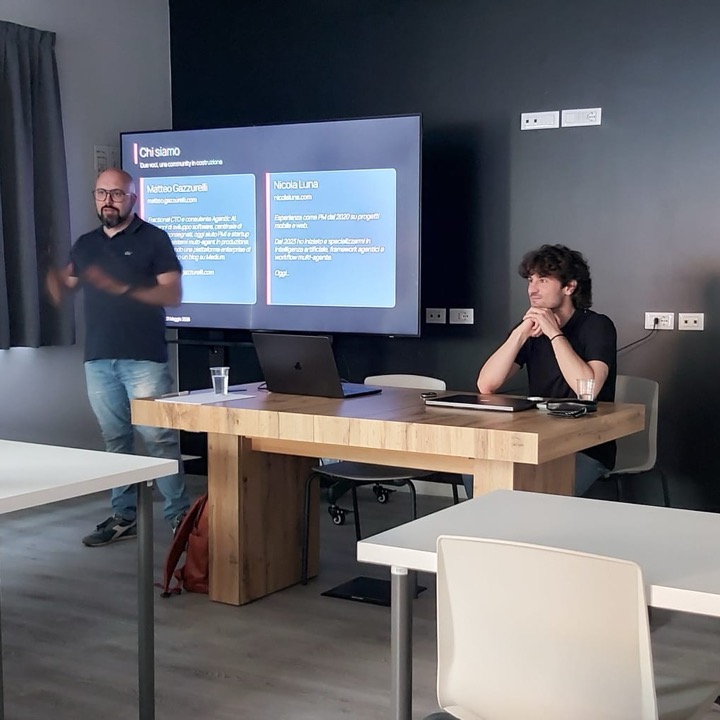 Matteo Gazzurelli and Nicola Luna presenting agentic AI at GDG Brescia, May 2026